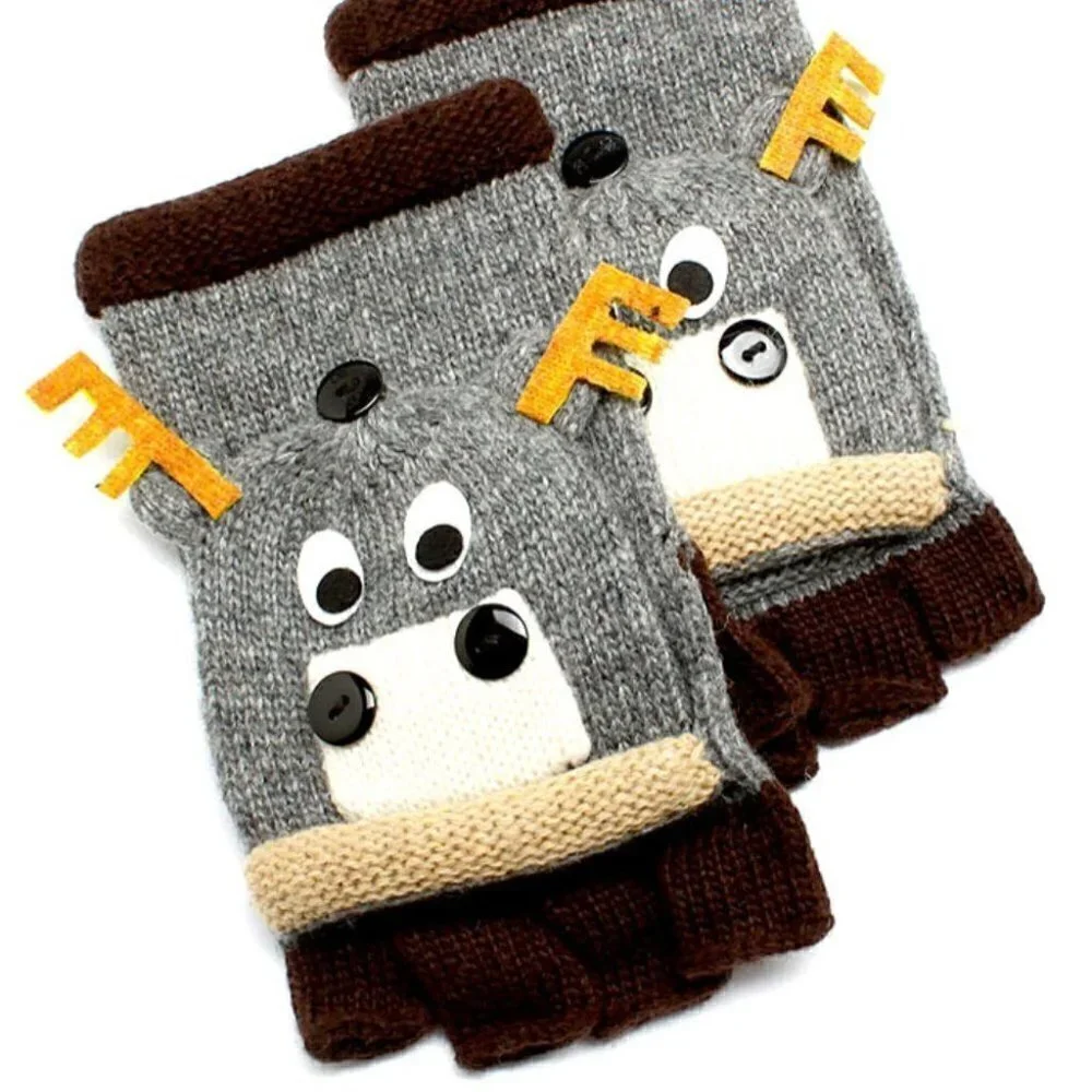 D & Y Womens Kids Moose Winter Hand Gloves Flip Top Glomitt Wool Blend Mittens